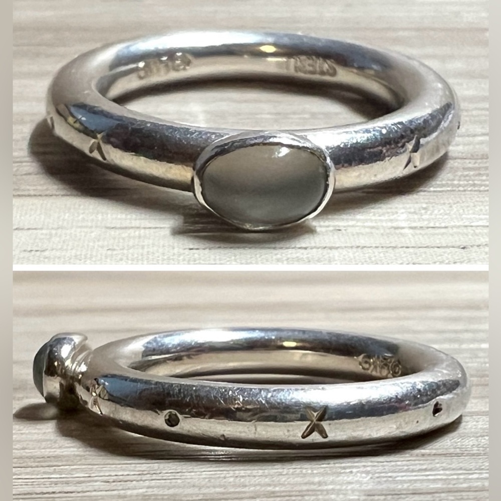 Vintage Designed Signed GK Sterling Silver Moonstone Cabochon Ring, Size 5.5